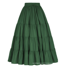 Belle Poque Women's Solid Green Color Wide Hem Cotton Maxi Skirt Long Skirt BP000207-3